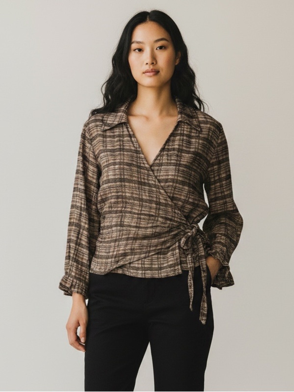 Coldwater Creek Brown Plaid Wrap Blouse